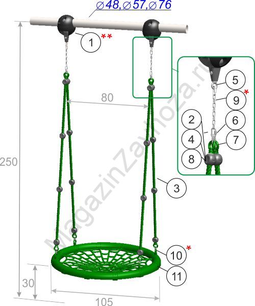 Качели-гнездо 100 см высота 250 см с креплением на трубу или к потолку