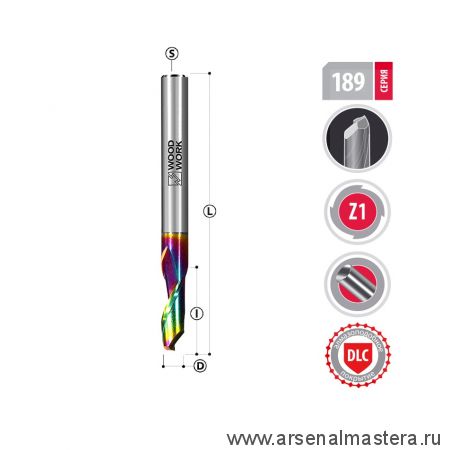 Новинка! Фреза спиральная HSS M35 по алюминию Z 1  d 12   I 30   D 12  100L, DLC покрытие Woodwork 189.3012.12