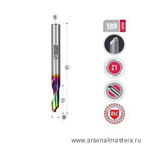 Новинка! Фреза спиральная HSS M35 по алюминию Z 1  d 12   I 30   D 12  100L, DLC покрытие Woodwork 189.3012.12