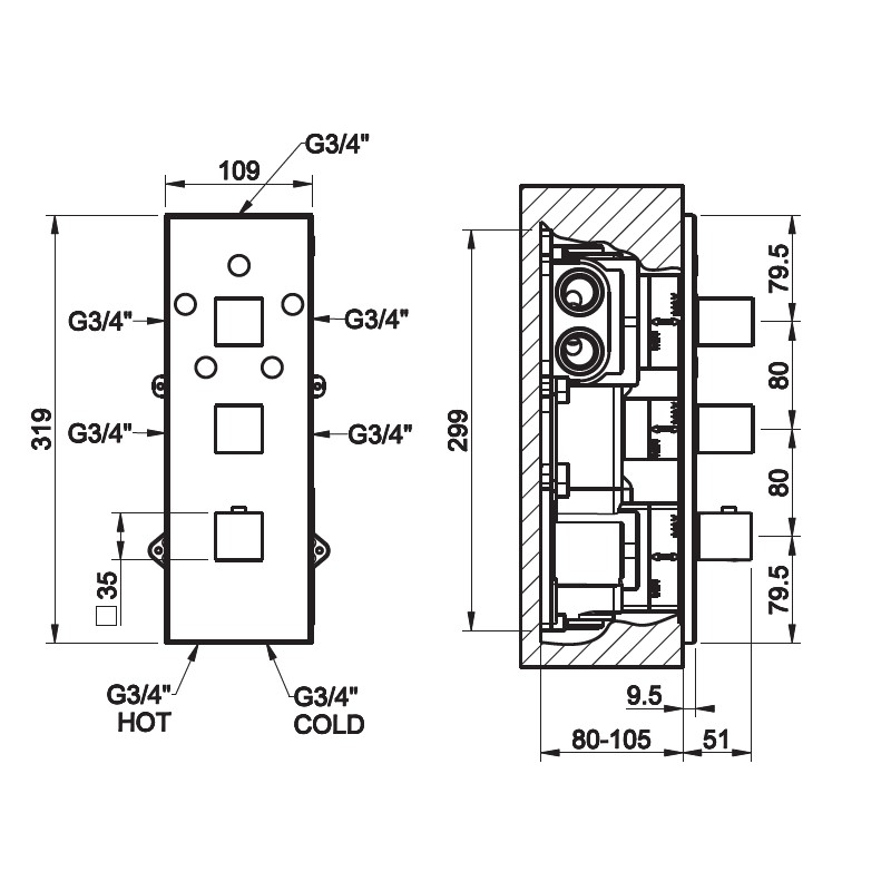 Gessi Quadro Wellnes смеситель для ванны/душа 43012 схема 2