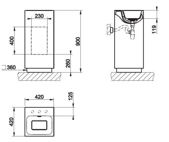 Напольная раковина со сливом в стену Gessi Rettangolo 37526 42х42 схема 2