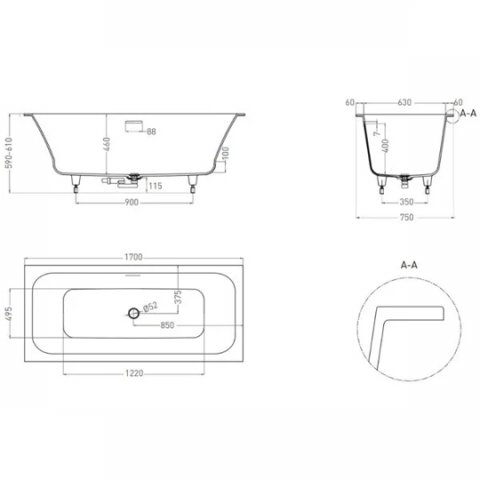 Ванна встраиваемая Salini ORLANDA AXIS KIT 170x75 103313G схема 9