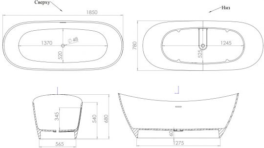 Цветная ванна из искусственного камня Salini Noemi Bassa 185х78 101811SMF S-Stone схема 2