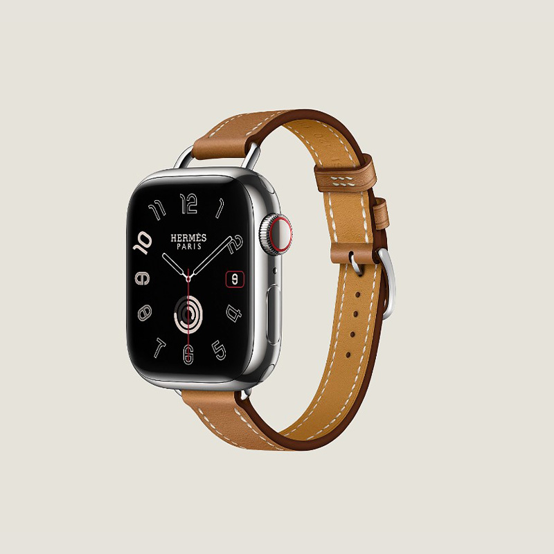 Часы Apple Watch Hermès Series 9 GPS + Cellular 41mm Silver Stainless Steel Сase with Gold Swift Leather Attelage Single Tour