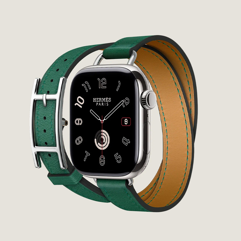 Часы Apple Watch Hermès Series 10 GPS + Cellular 42mm Silver Titanium Case with Vert Moyen Hapi Attelage Duoble Tour