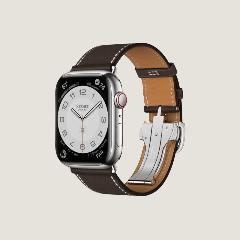 Часы Apple Watch Hermès Series 9 GPS + Cellular 45mm Silver Stainless Steel Case with Ebène Barénia Leather Single Tour Deployment Buckle