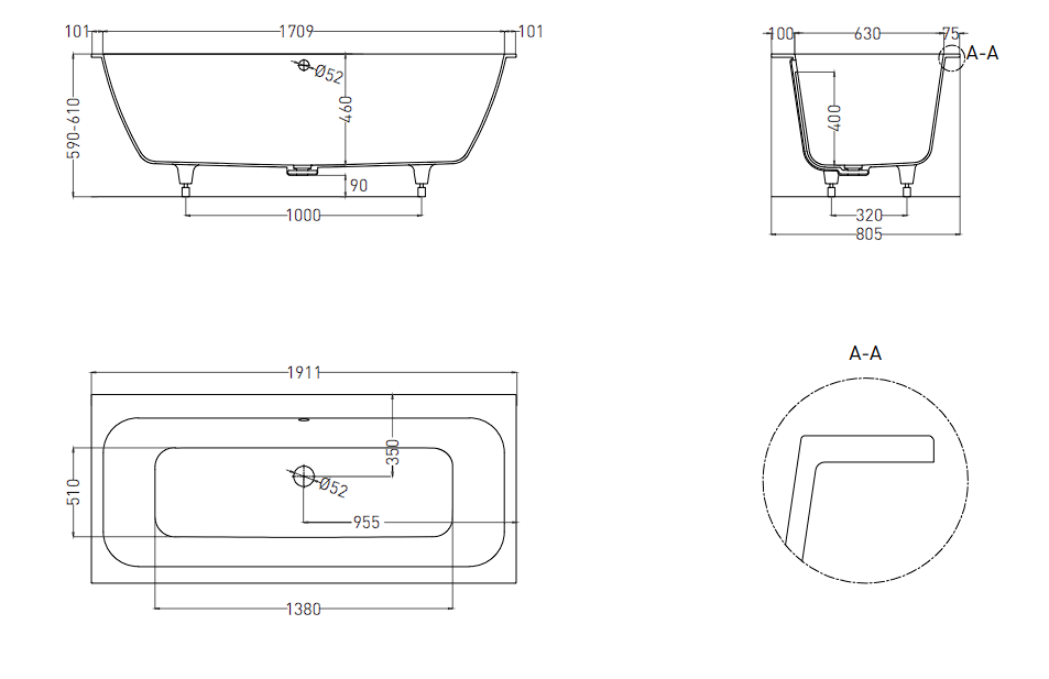 Ванна встраиваемая Salini ORLANDA AXIS KIT 190x80 103311G схема 2