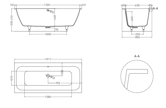 Ванна встраиваемая Salini ORLANDA AXIS KIT 190x80 103311G схема 2