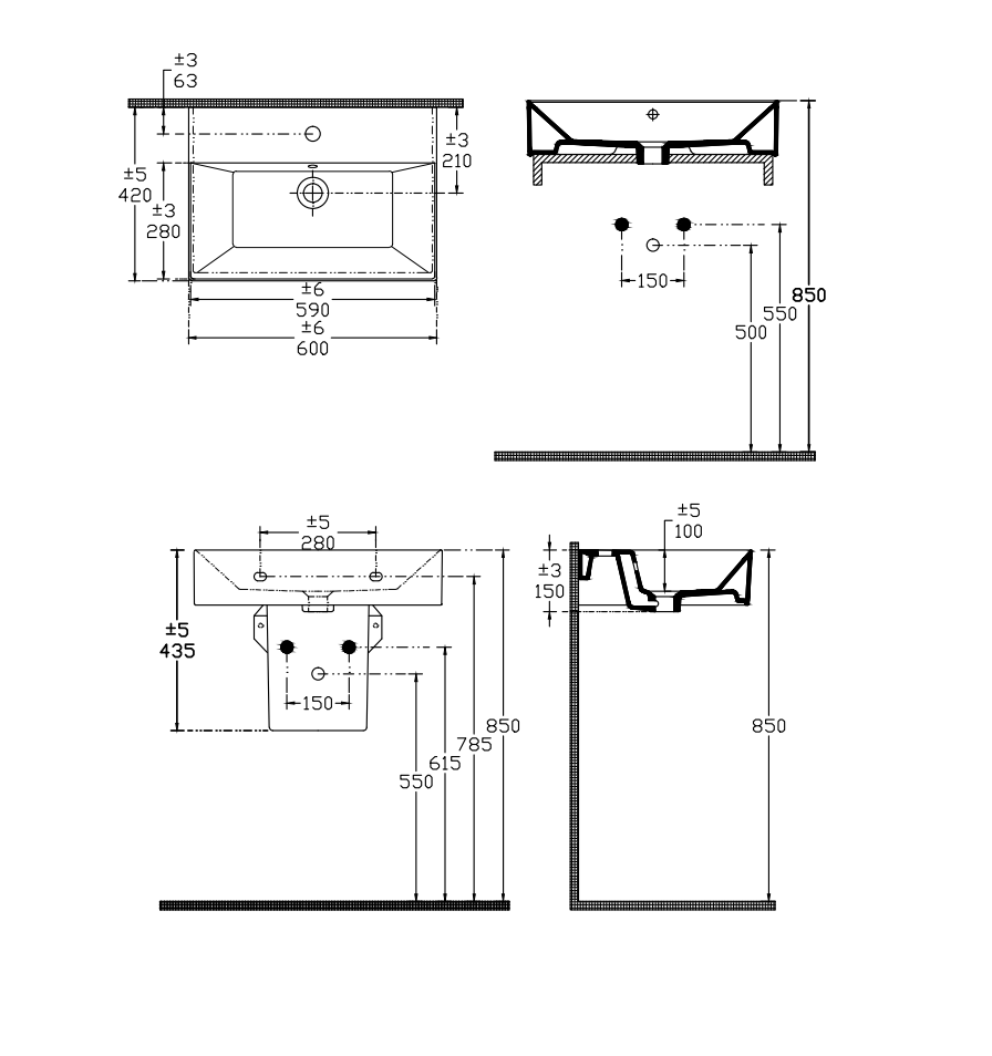 Накладная раковина Isvea SistemaZ Frame 60х42х132 с 1 отверстием под смеситель 10SF5060SV схема 8