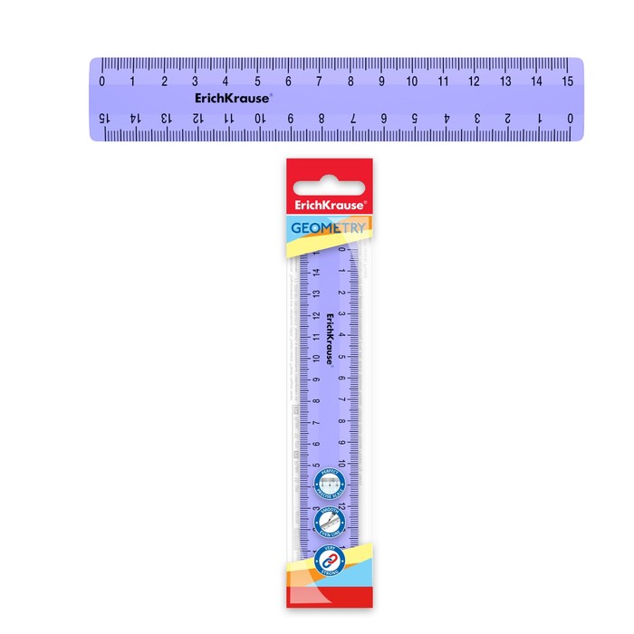 Линейка 15 см ErichKrause "Pastel", пластик, двусторонняя шкала, непрозрачная, фиолетовая, европодвес