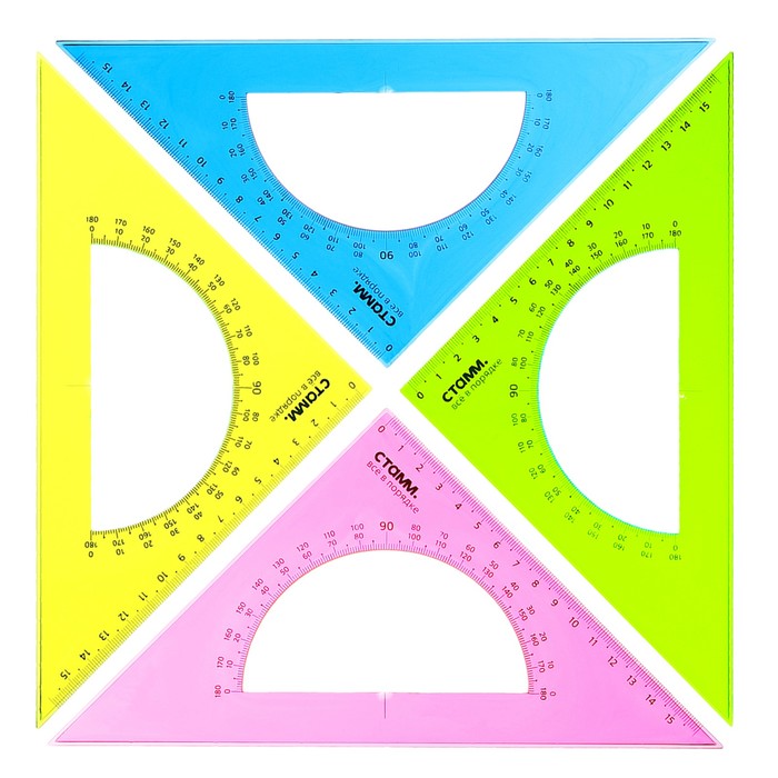 Треугольник c транспортиром 16 см Стамм Neon Cristal, 45°, пластиковый, прозрачный, неоновые цвета, европодвес, микс