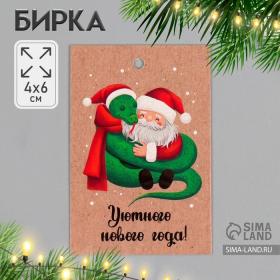 Новогодняя бирка картон "Дедушка Мороз и змейка" 4х6 см