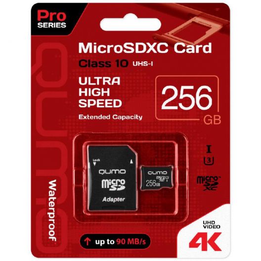 Карта памяти 256Gb MicroSD QUMO + SD адаптер (QM256GMICSDXC10U3)