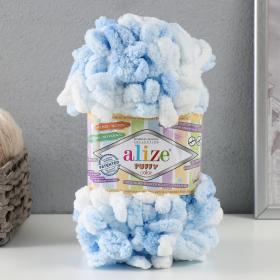 Плюшевая пряжа для вязания руками ALIZE, Puffy color, 100 % микрополиэстер, 9 м/100 г, (5865 бело-голубой)