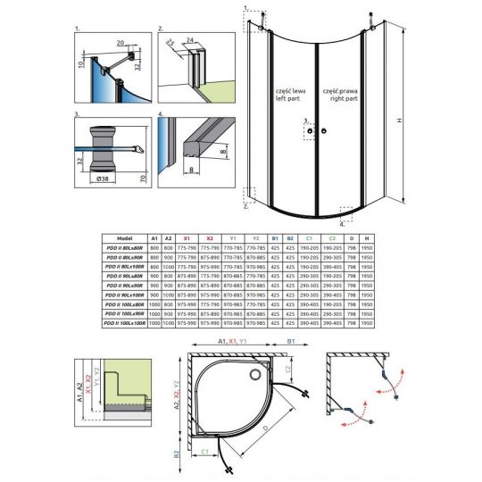 Полукруглый душевой уголок Radaway Eos PDD II стеклянный 90х90 см схема 2