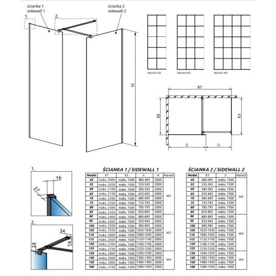 Решетчатая стеклянная душевая перегородка Walk-in Radaway Modo X Black III Factory 100х90 см схема 2