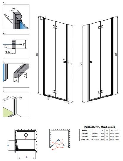 Складная дверь для ниши Radaway Essenza New DWB 90 см схема 2