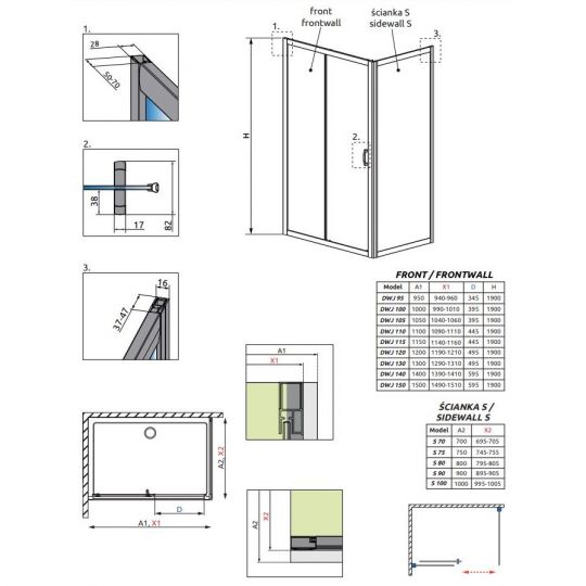 Стеклянное душевое ограждение Radaway Premium Plus DWJ+S 110х90 см схема 2