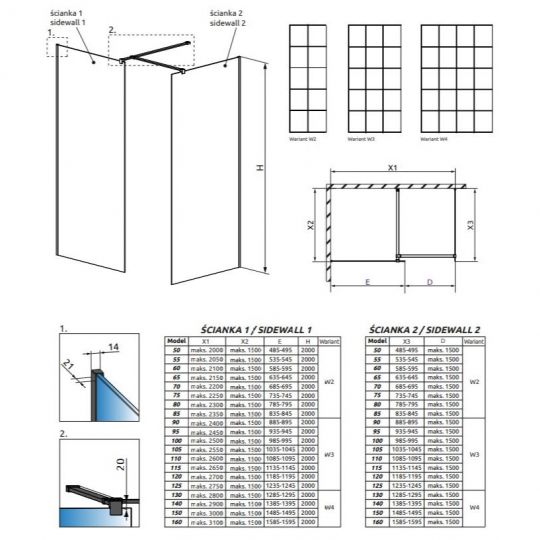 Стеклянная душевая перегородка Walk-in Radaway Modo New Black III Factory решетчатое 50х50 см схема 2