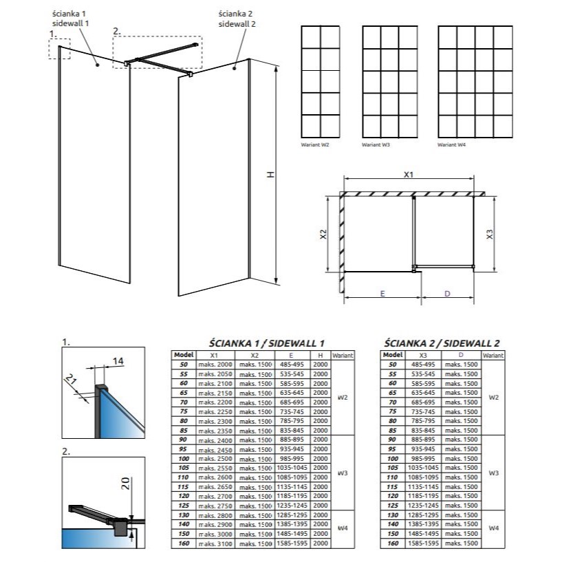 Стеклянная душевая перегородка Walk-in Radaway Modo New Black III Factory решетчатое 60х60 см схема 2