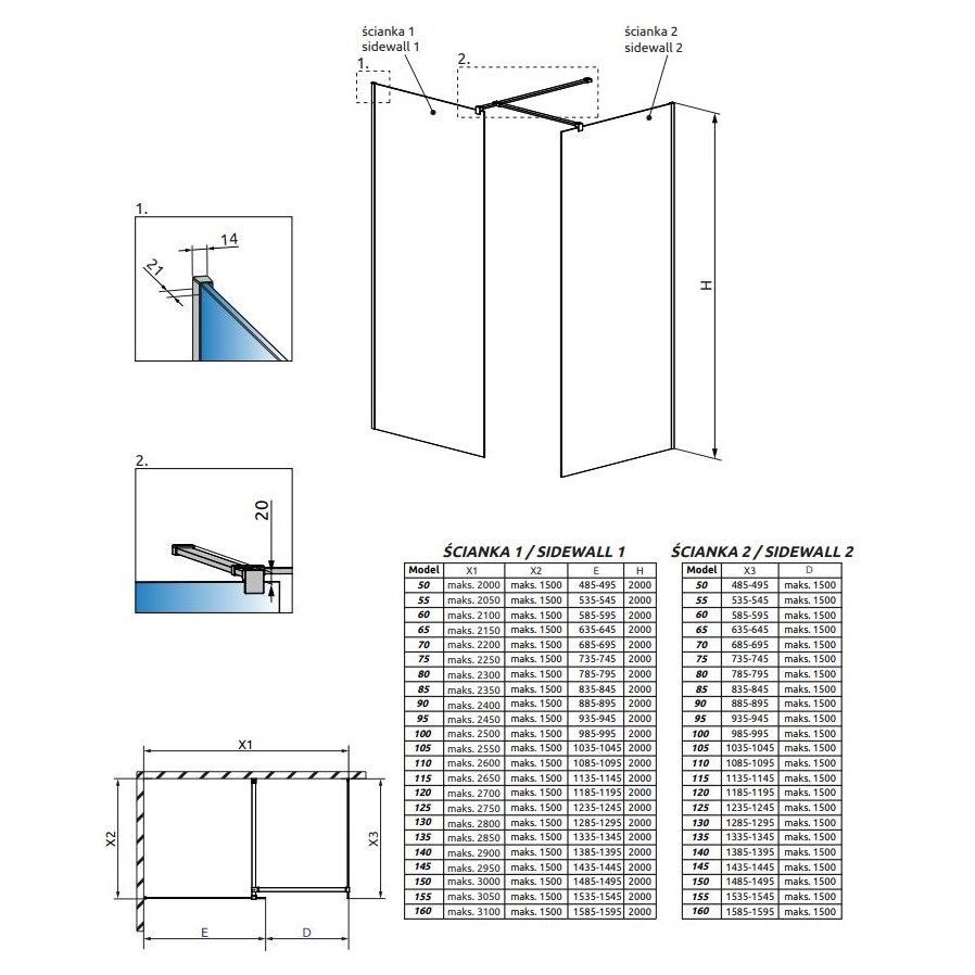 Стеклянная душевая перегородка Walk-in Radaway Modo New Black III Frame с черными перегородками 140х50 см ФОТО