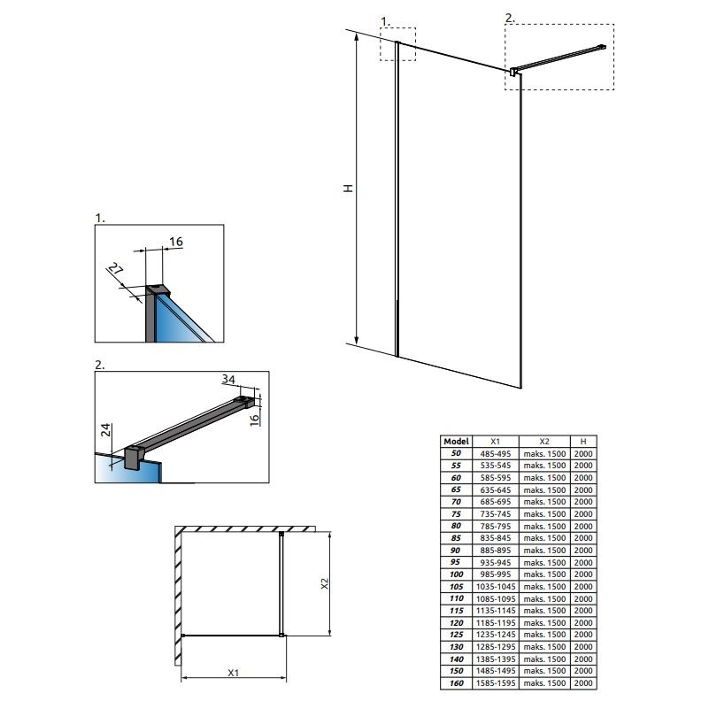 Душевая перегородка Walk-in Radaway Modo X Black II Frame в черной раме 80 х 200 см схема 2