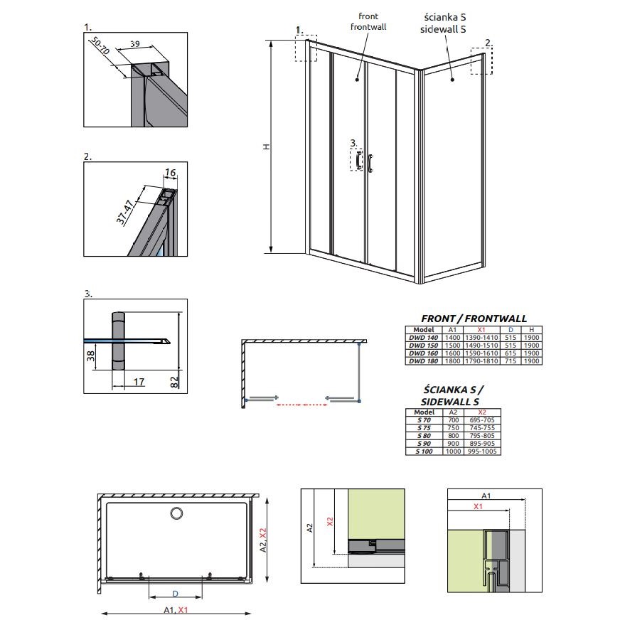 Двустворчатое душевое ограждение Radaway Premium Plus DWD+S 140х80 см схема 2