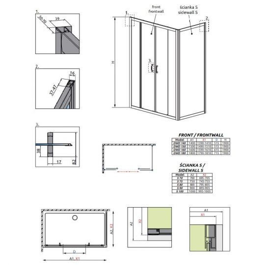 Двустворчатое душевое ограждение Radaway Premium Plus DWD+S 140х80 см схема 2